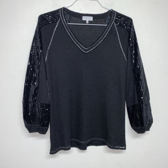 ACOA Puffed Velvet Sequins Sleeves Top Womens Oversized Sz S Black Waffle Knit - Picture 1 of 8